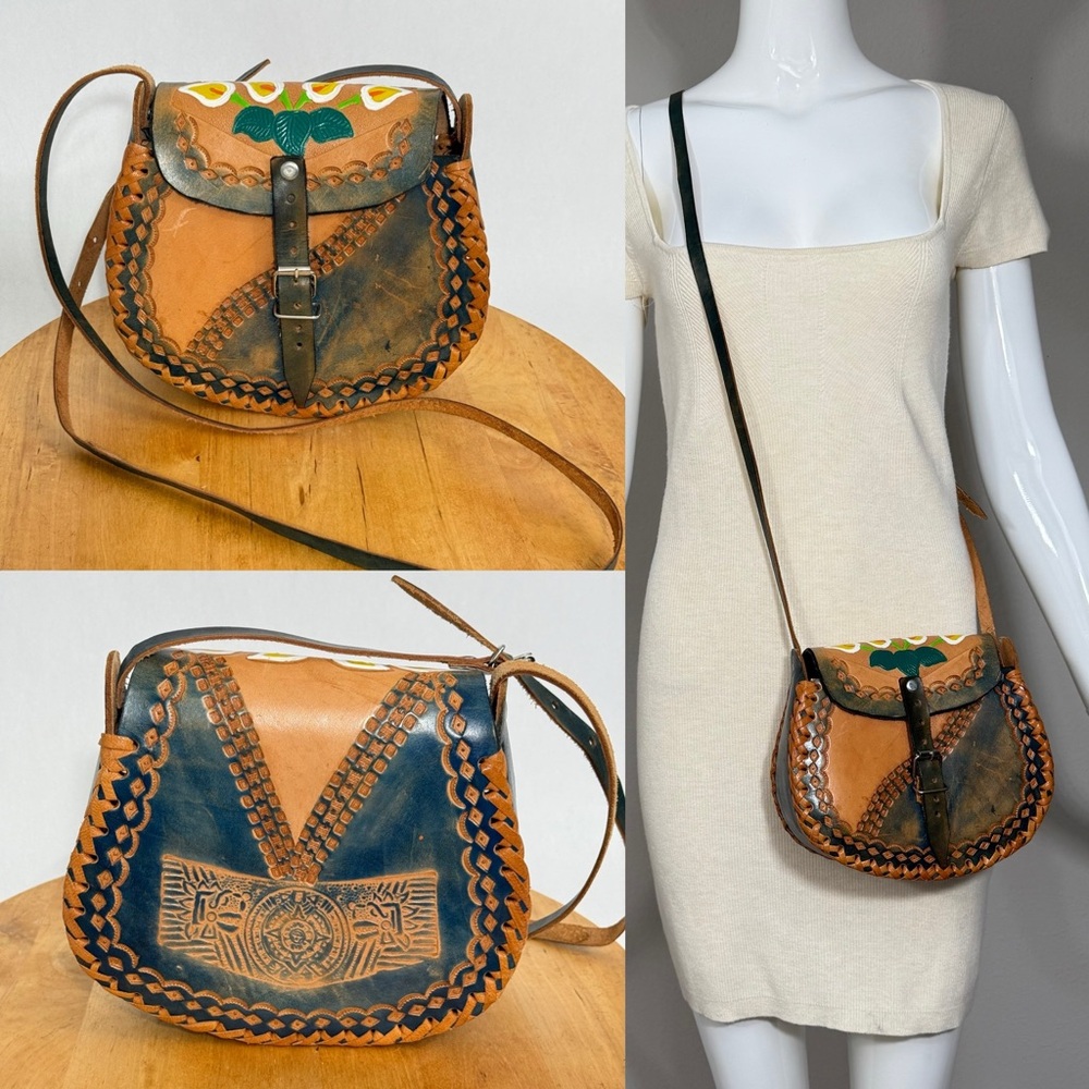 NWOT Hand Tooled Painted Leather Crossbody Bag Floral Boho Bohemian Hippy 7x8x3”